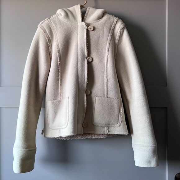 Old Navy Sherpa Fleece Jacket Women Large Beige Zip Buttons Pockets Cozy Winter - Picture 1 of 16